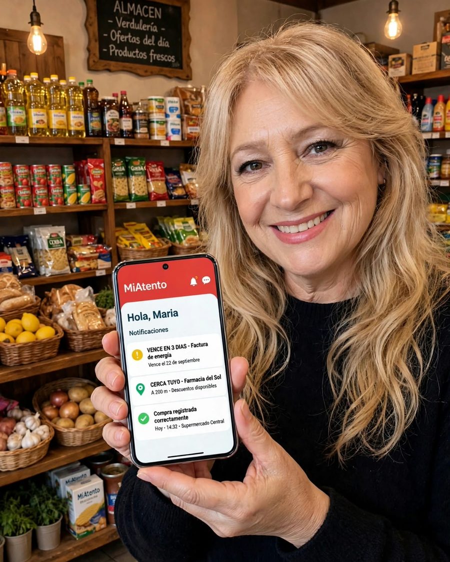 María, vecina del barrio, muestra MiAtento en su celular dentro de un almacén: la app le avisa un vencimiento, le muestra una farmacia cerca con descuentos y confirma que su compra quedó registrada.