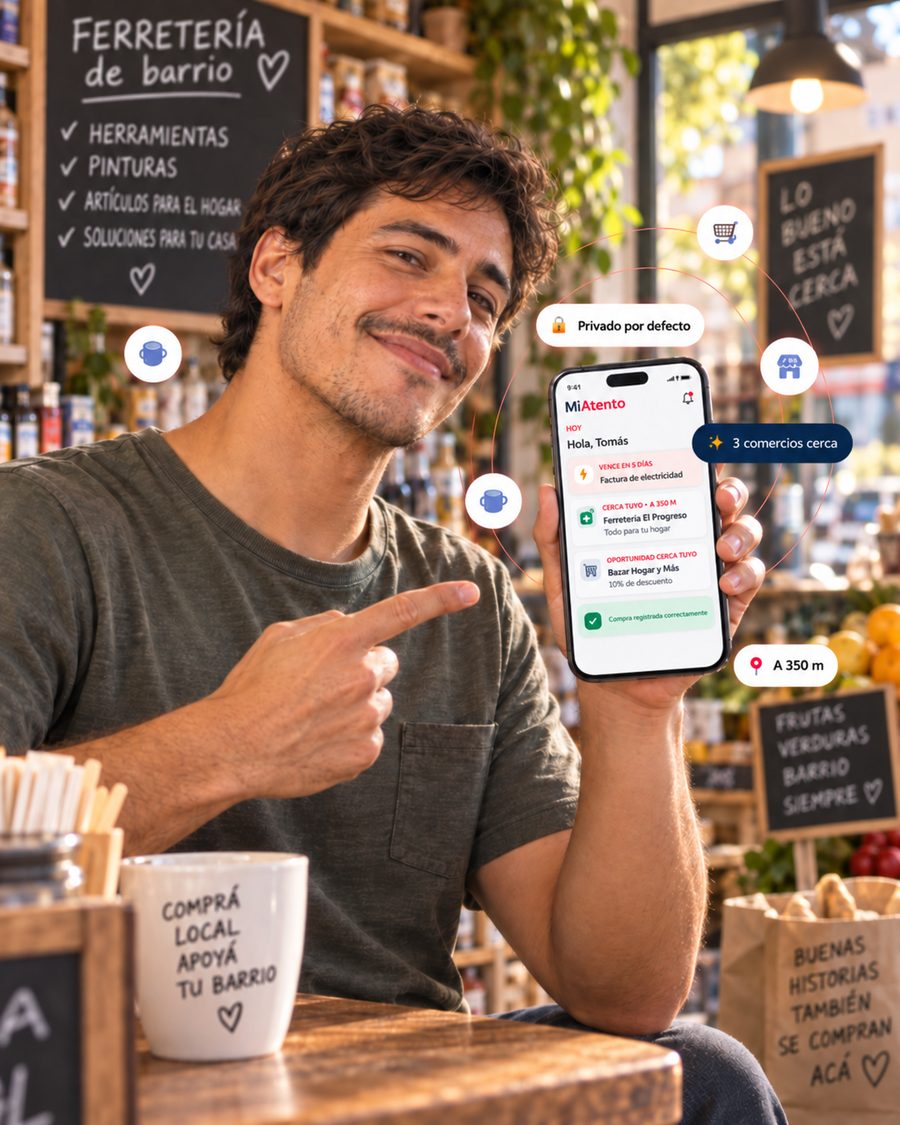 Tomás, dueño de una ferretería de barrio, usando MiAtento en su celular: la app le muestra un aviso de vencimiento, una oportunidad cerca y que su compra quedó registrada.
