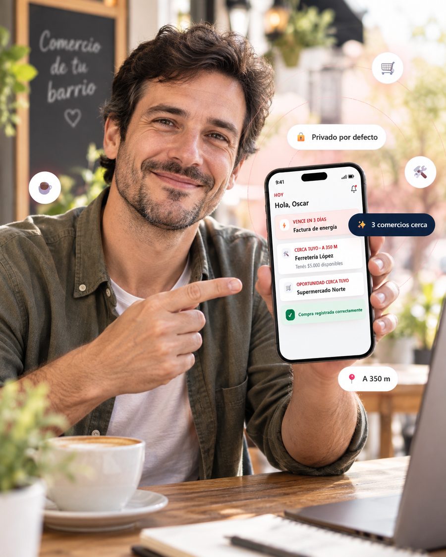 Un vecino usando MiAtento en su celular, en la puerta de un comercio de barrio: la app le muestra un aviso de vencimiento, una oportunidad cerca y que su compra quedó registrada.